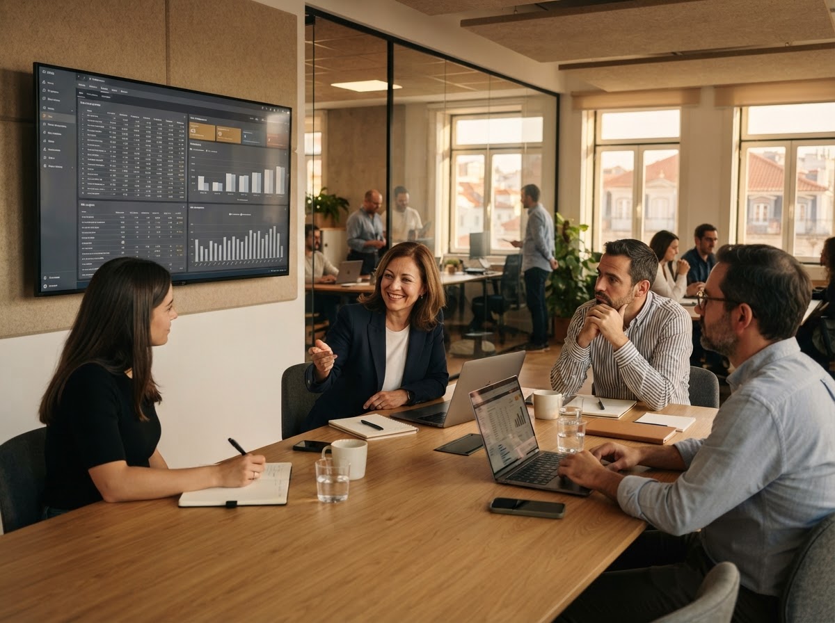 Leal Lucrivado — equipa a analisar dados de mercado num ambiente de trabalho